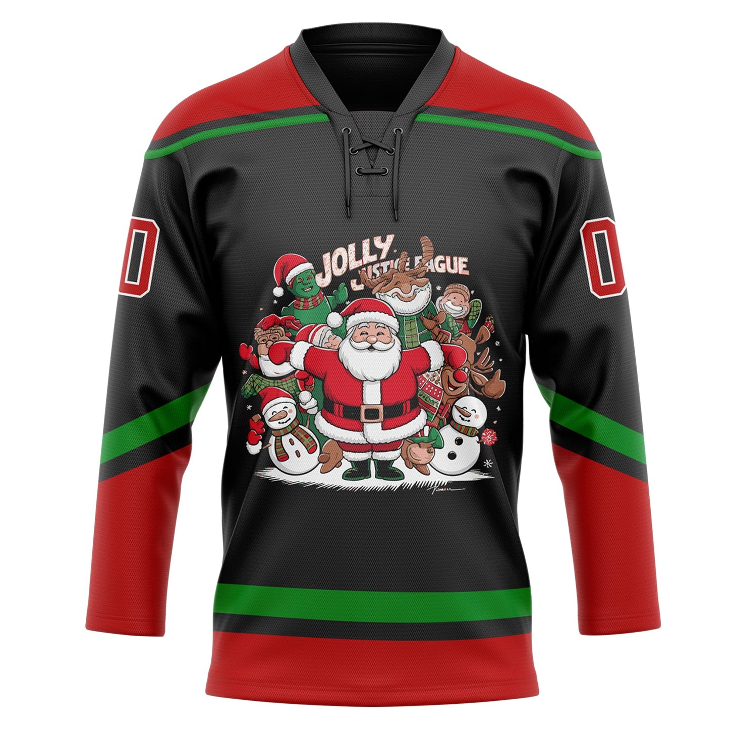 Custom Black Red-Grass Green Funny Christmas 3D Hockey Lace Neck Jersey view 2
