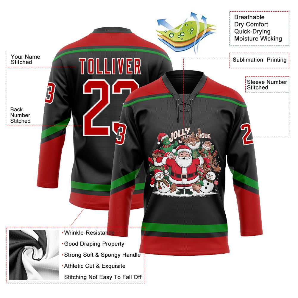 Custom Black Red-Grass Green Funny Christmas 3D Hockey Lace Neck Jersey view 3