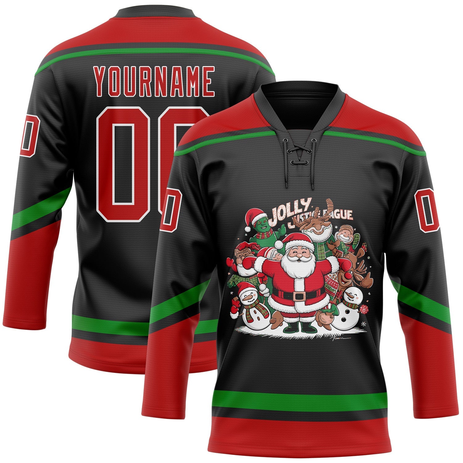 Custom Black Red-Grass Green Funny Christmas 3D Hockey Lace Neck Jersey - Main View