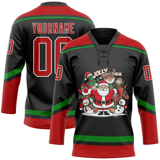 Custom Black Red-Grass Green Funny Christmas 3D Hockey Lace Neck Jersey - Main View