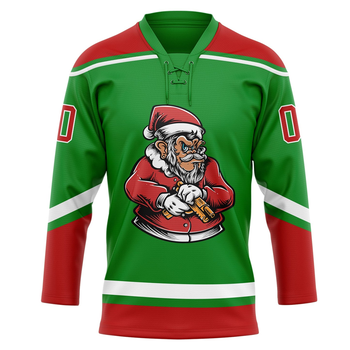 Custom Grass Green Red-White Funny Christmas 3D Hockey Lace Neck Jersey view 2