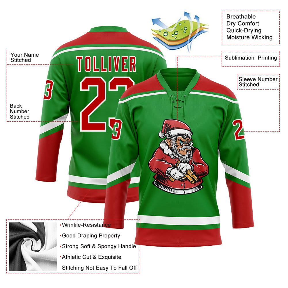 Custom Grass Green Red-White Funny Christmas 3D Hockey Lace Neck Jersey view 3