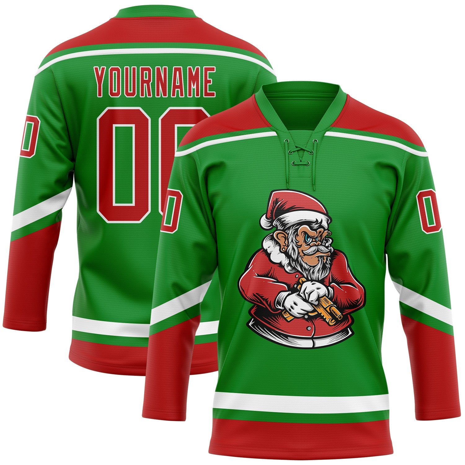 Custom Grass Green Red-White Funny Christmas 3D Hockey Lace Neck Jersey - Main View