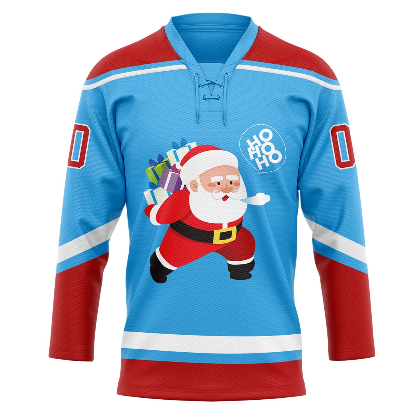Custom Sky Blue Red-White Funny Christmas 3D Hockey Lace Neck Jersey view 2