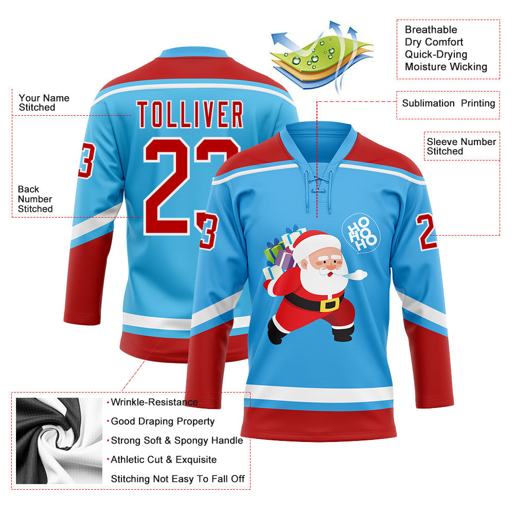 Custom Sky Blue Red-White Funny Christmas 3D Hockey Lace Neck Jersey view 3