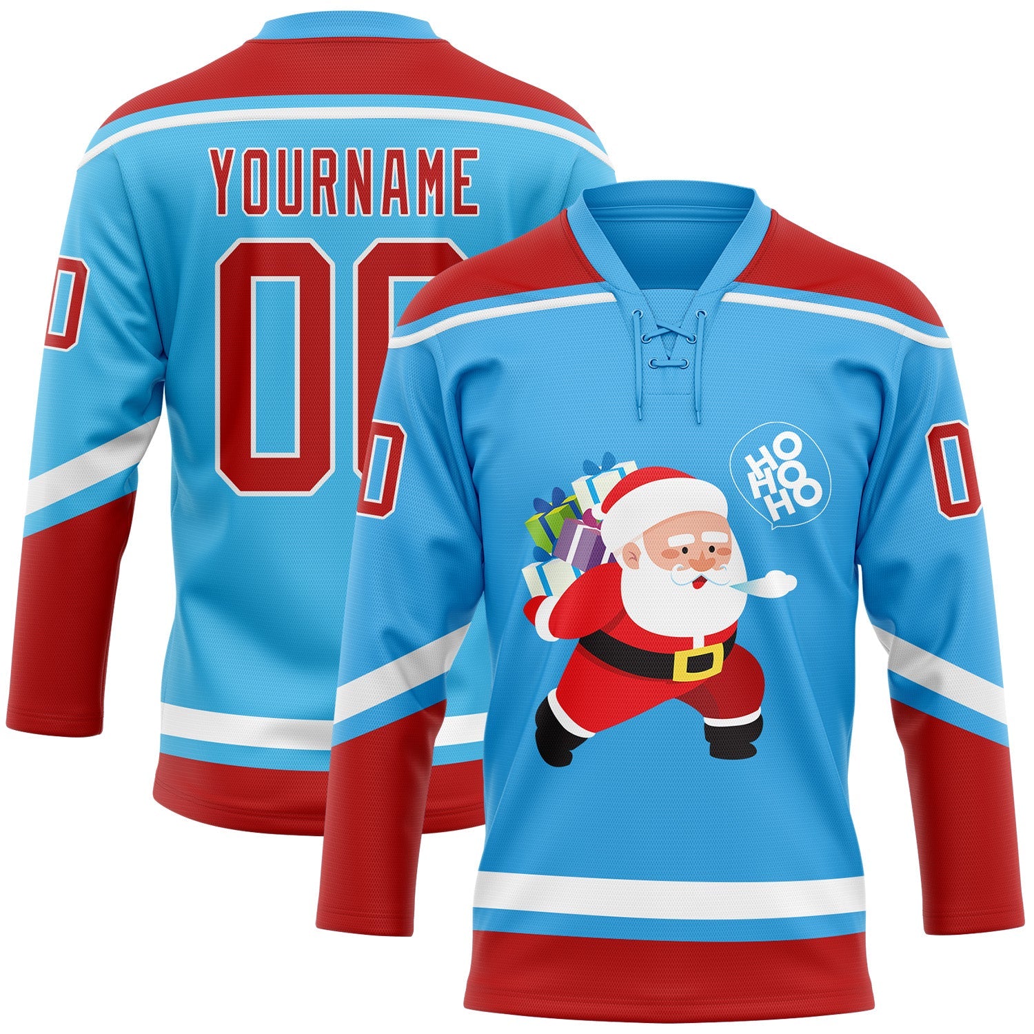 Custom Sky Blue Red-White Funny Christmas 3D Hockey Lace Neck Jersey - Main View