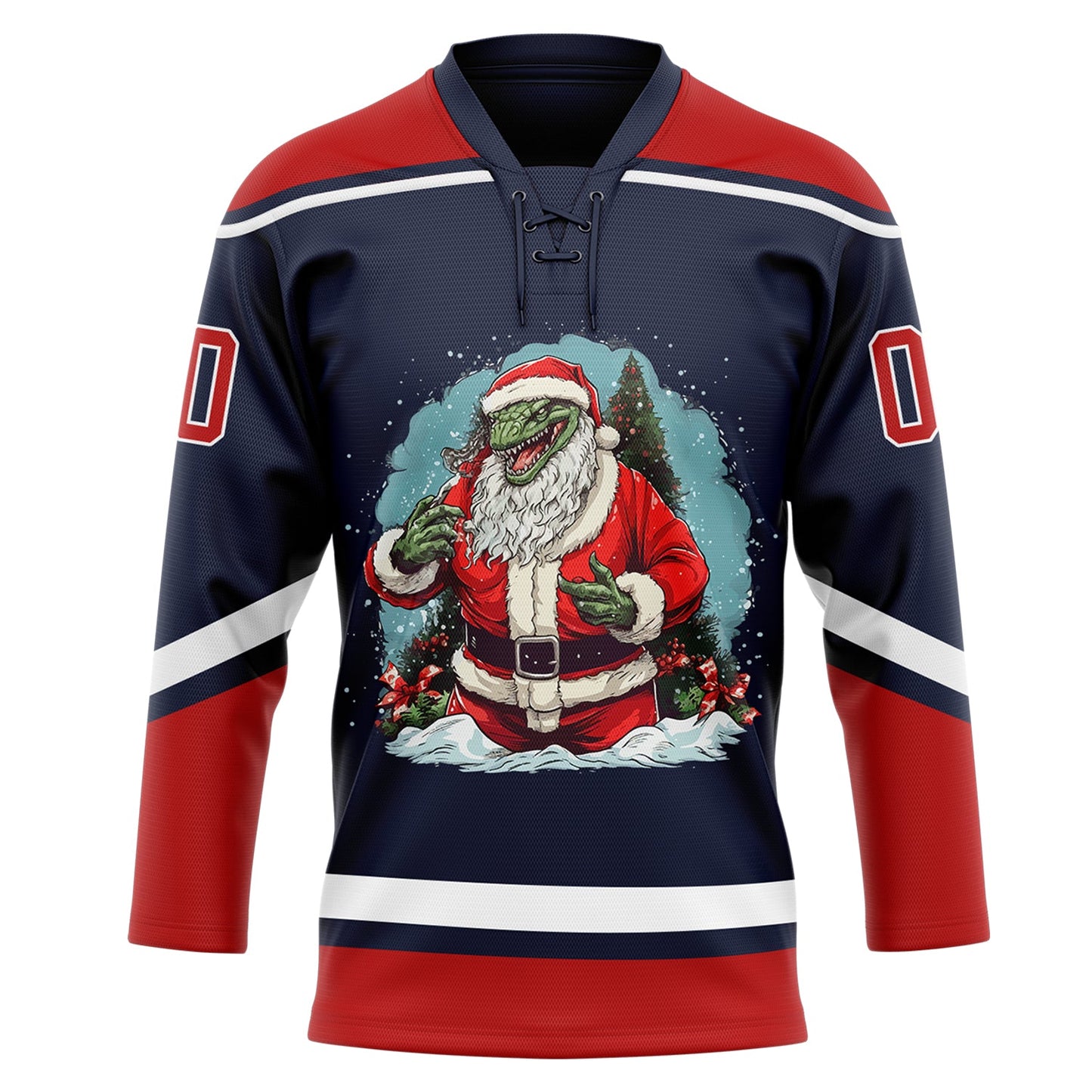 Custom Navy Red-White Funny Christmas 3D Hockey Lace Neck Jersey view 2