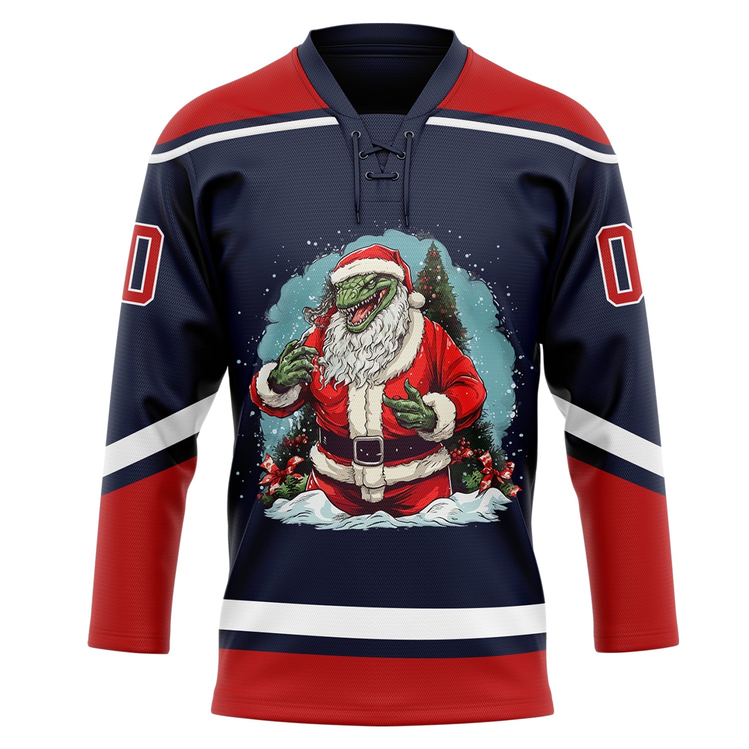 Custom Navy Red-White Funny Christmas 3D Hockey Lace Neck Jersey view 2