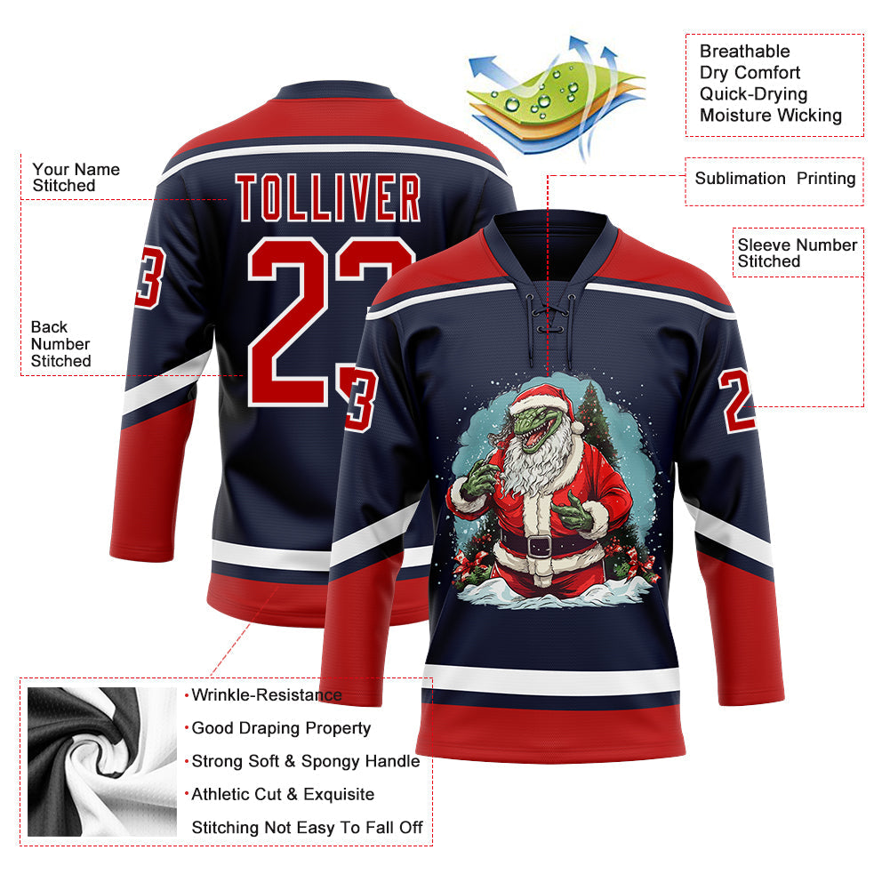 Custom Navy Red-White Funny Christmas 3D Hockey Lace Neck Jersey view 3