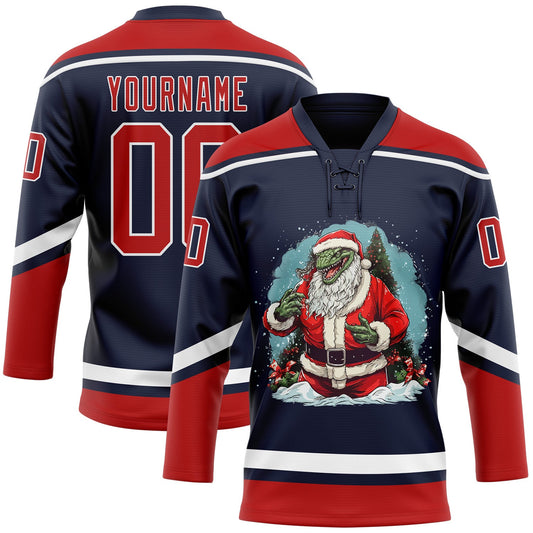 Custom Navy Red-White Funny Christmas 3D Hockey Lace Neck Jersey - Main View