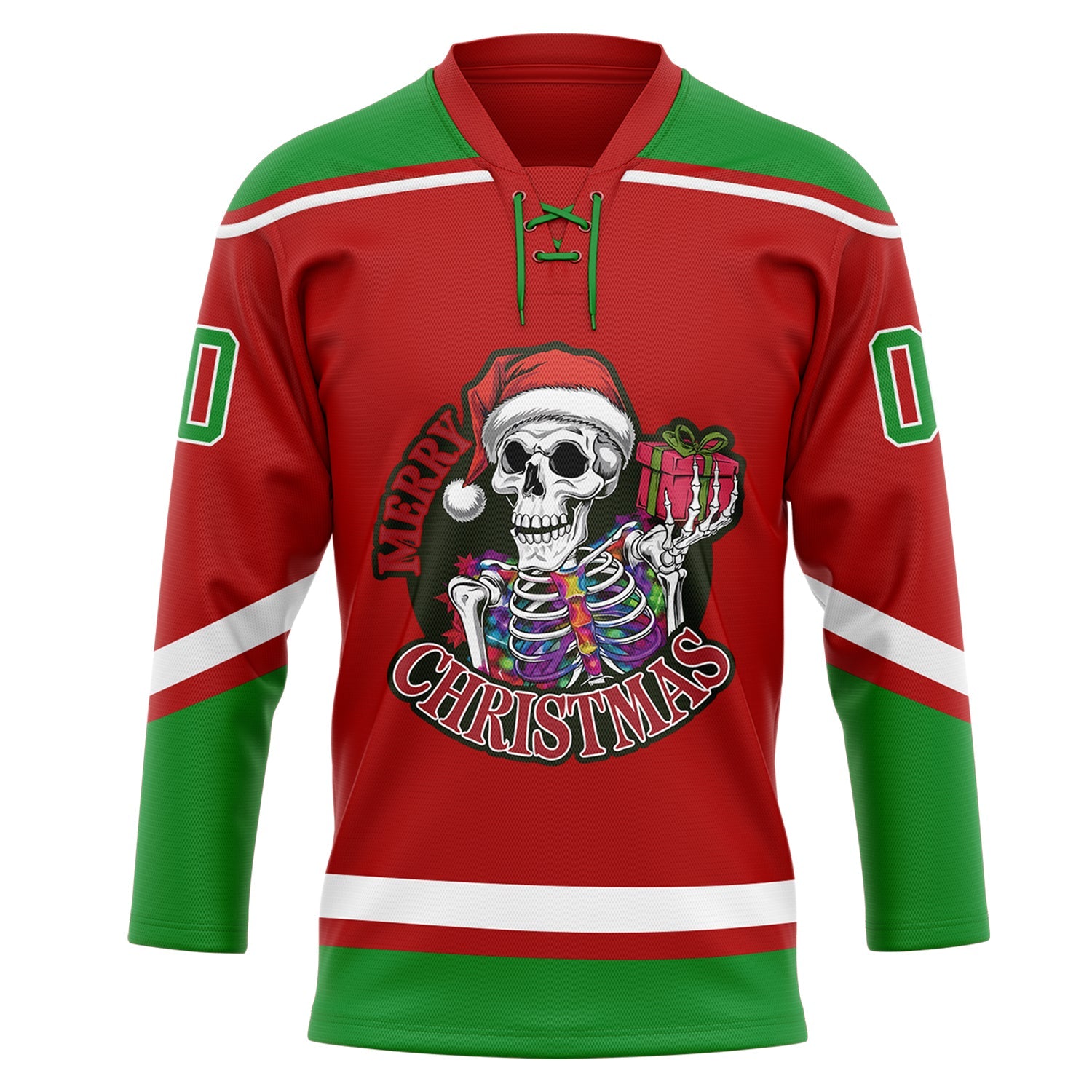 Custom Red Grass Green-White Funny Christmas 3D Hockey Lace Neck Jersey view 2