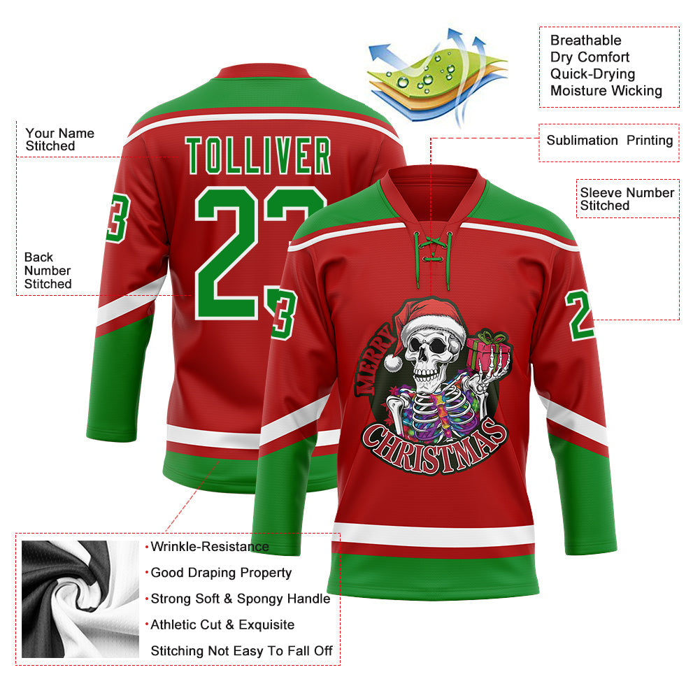 Custom Red Grass Green-White Funny Christmas 3D Hockey Lace Neck Jersey view 3