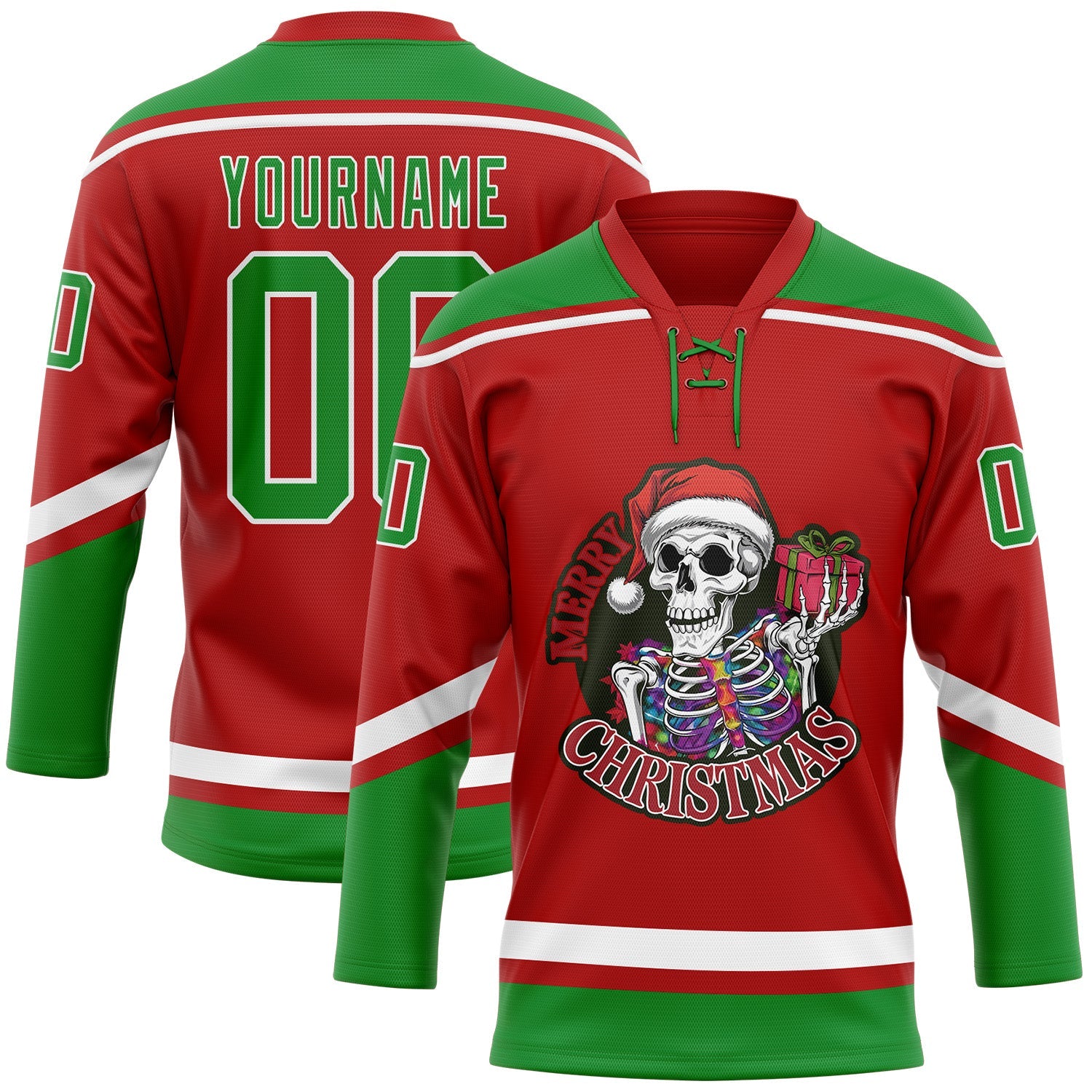 Custom Red Grass Green-White Funny Christmas 3D Hockey Lace Neck Jersey - Main View