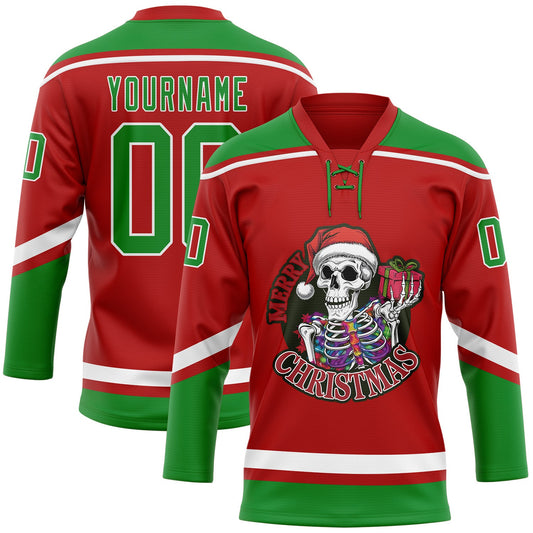 Custom Red Grass Green-White Funny Christmas 3D Hockey Lace Neck Jersey - Main View