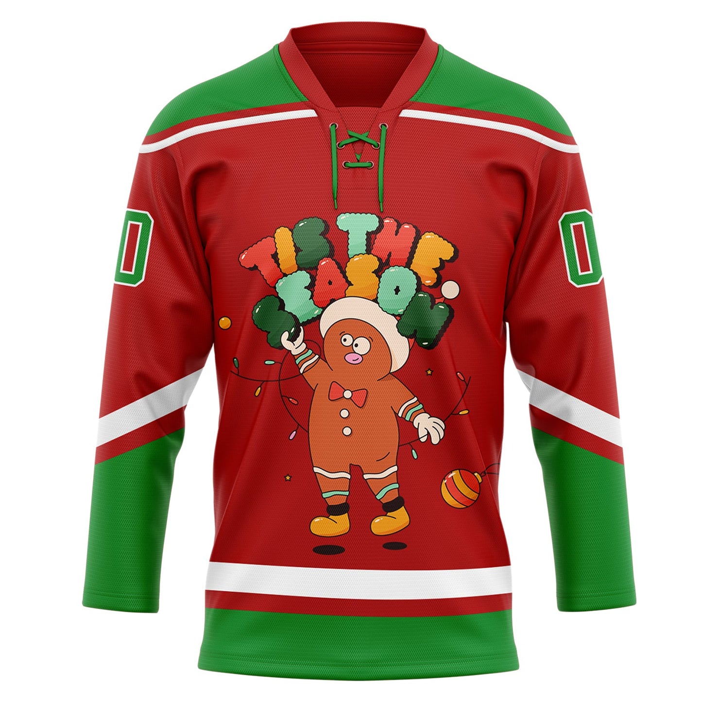 Custom Red Grass Green-White Funny Christmas 3D Hockey Lace Neck Jersey view 2
