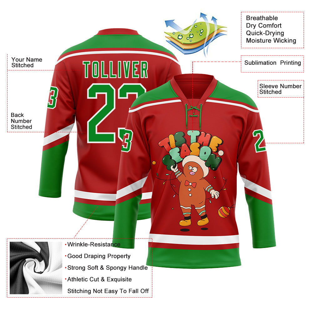 Custom Red Grass Green-White Funny Christmas 3D Hockey Lace Neck Jersey view 3
