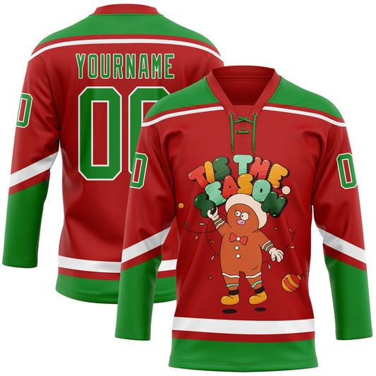 Custom Red Grass Green-White Funny Christmas 3D Hockey Lace Neck Jersey - Main View
