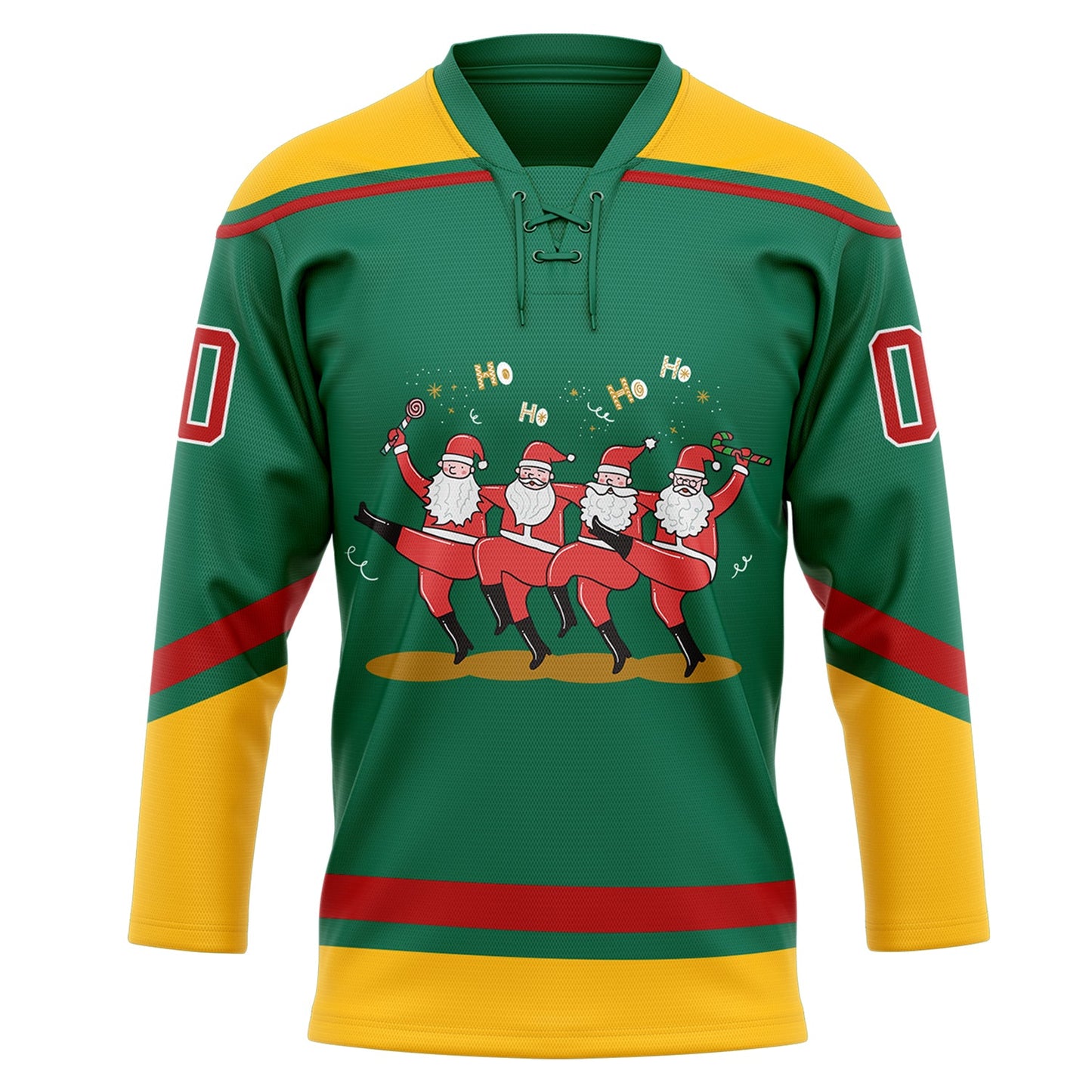 Custom Kelly Green Red-Gold Funny Christmas 3D Hockey Lace Neck Jersey view 2
