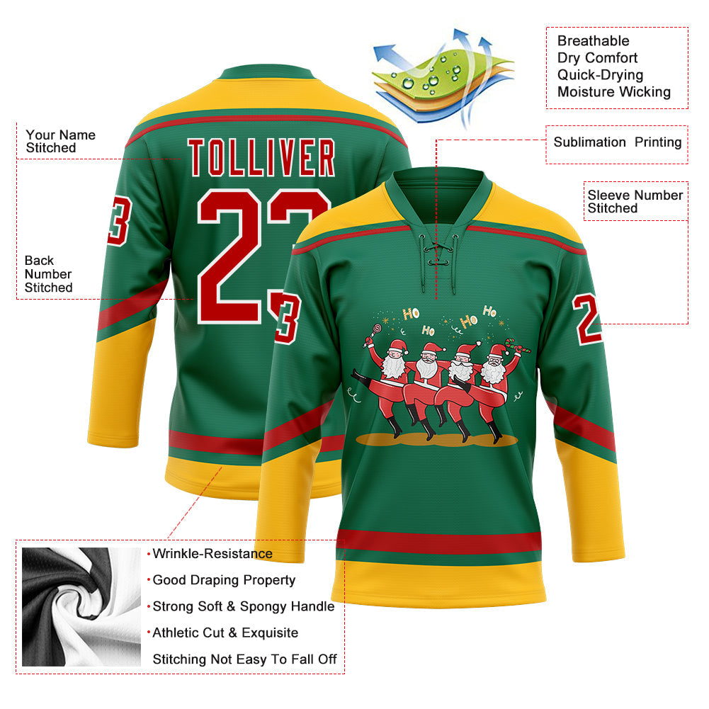 Custom Kelly Green Red-Gold Funny Christmas 3D Hockey Lace Neck Jersey view 3