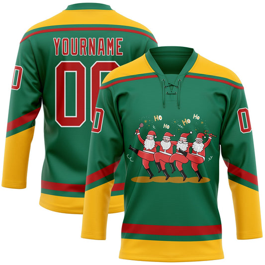 Custom Kelly Green Red-Gold Funny Christmas 3D Hockey Lace Neck Jersey - Main View