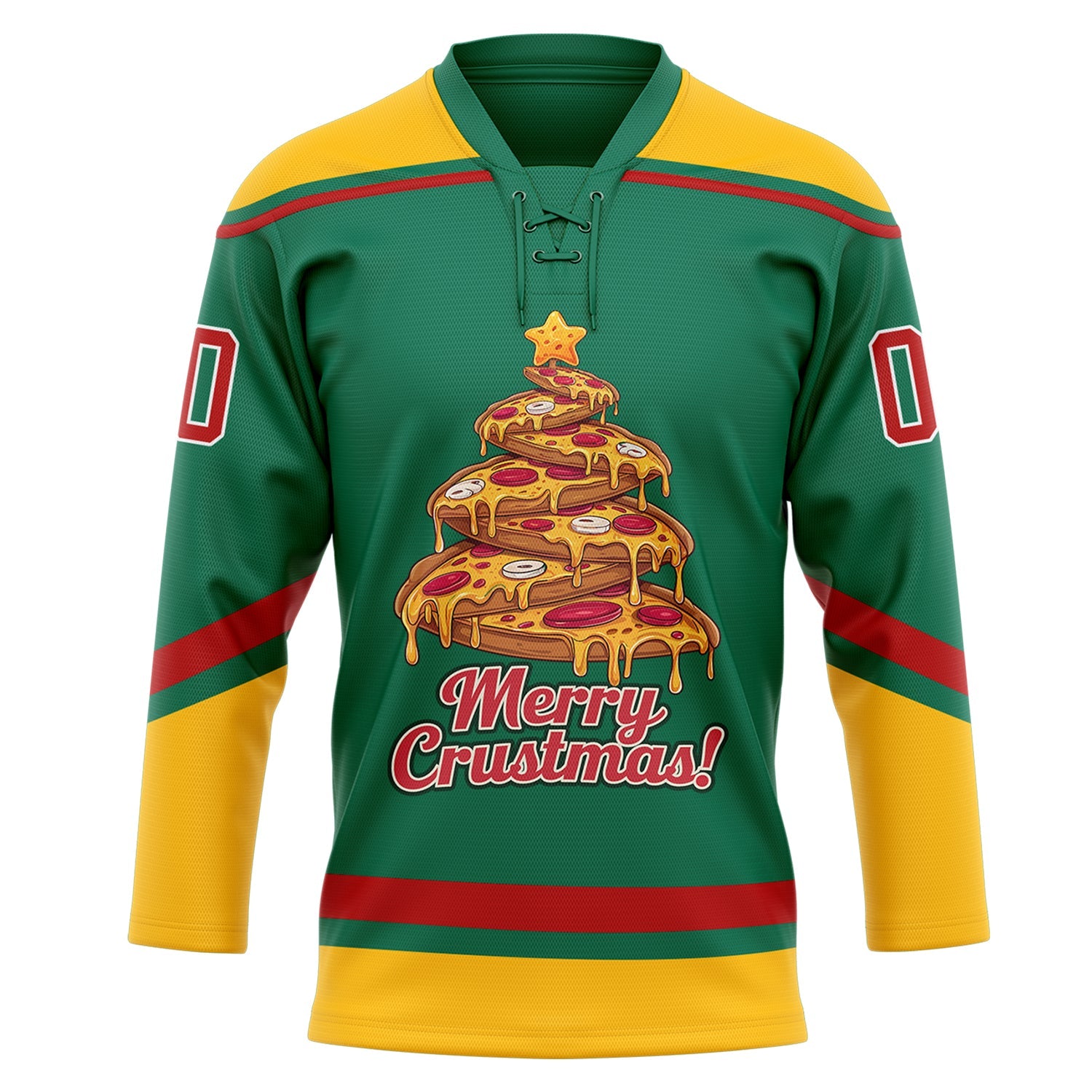 Custom Kelly Green Red-Gold Funny Christmas 3D Hockey Lace Neck Jersey view 2