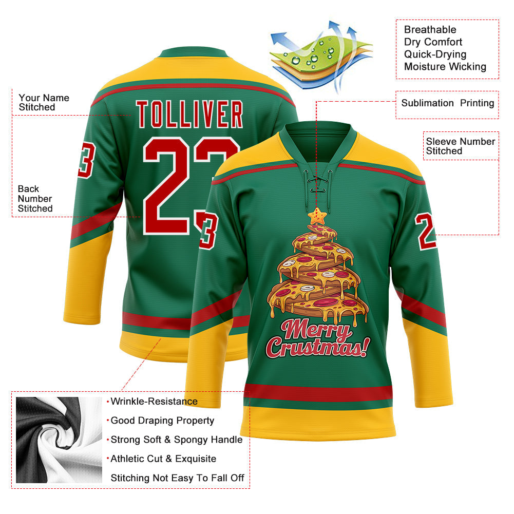 Custom Kelly Green Red-Gold Funny Christmas 3D Hockey Lace Neck Jersey view 3