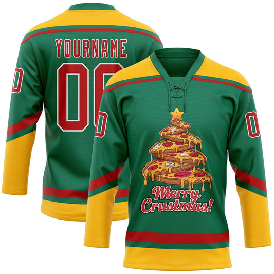 Custom Kelly Green Red-Gold Funny Christmas 3D Hockey Lace Neck Jersey - Main View