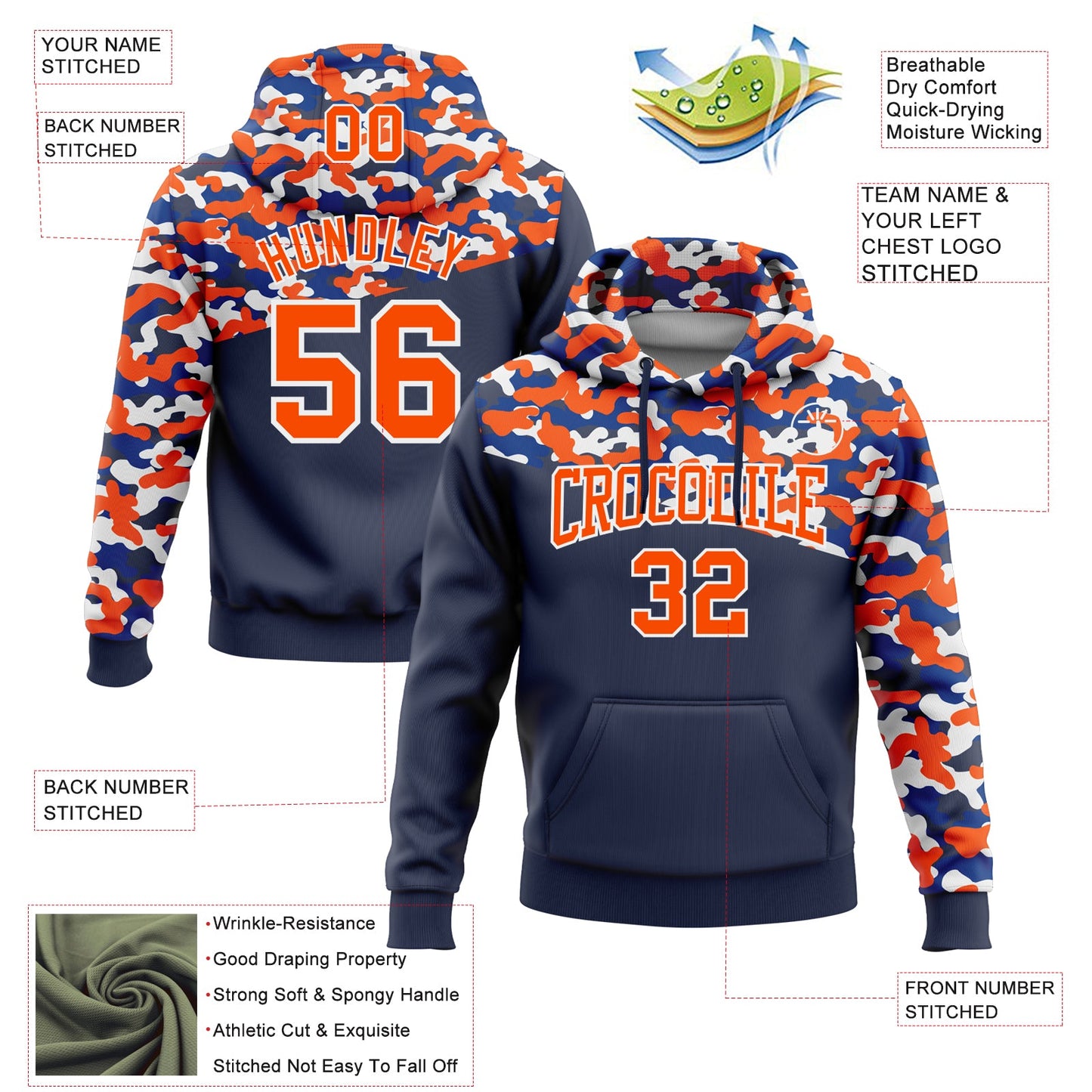 Custom Stitched Camo Orange Navy-Royal 3D Sports Pullover Sweatshirt Salute To Service Hoodie view 2