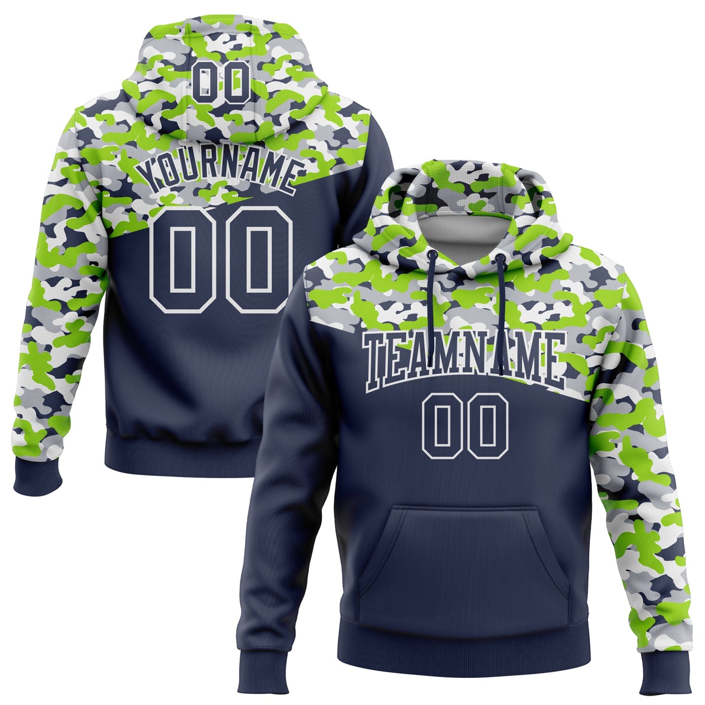 Custom Stitched Camo Navy Neon Green-Gray 3D Sports Pullover Sweatshirt Salute To Service Hoodie - Main View