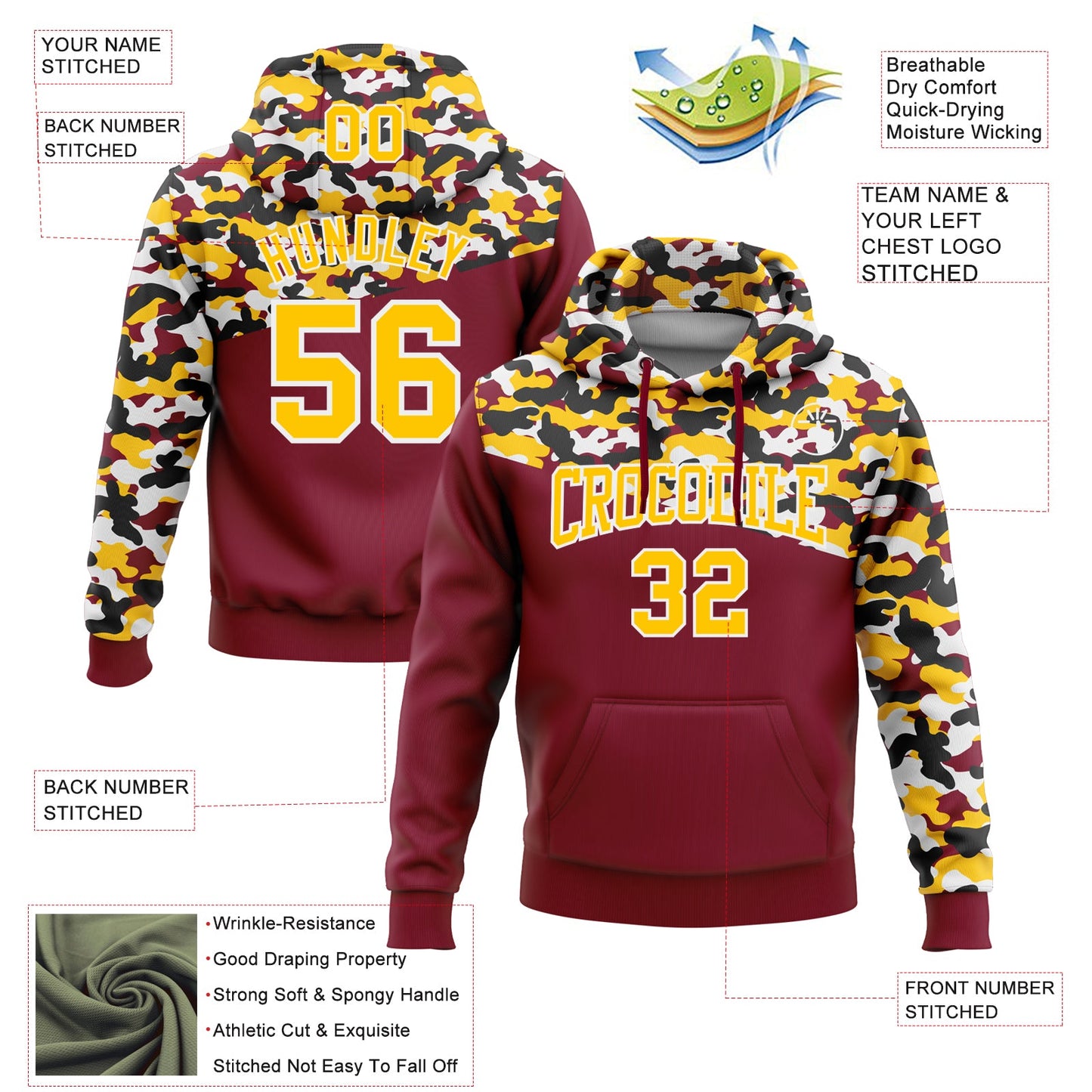 Custom Stitched Camo Yellow Crimson-Black 3D Sports Pullover Sweatshirt Salute To Service Hoodie view 2
