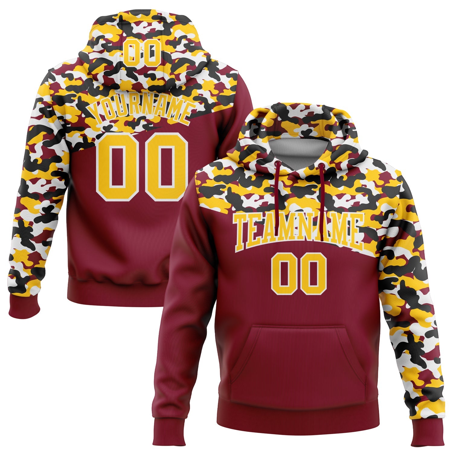 Custom Stitched Camo Yellow Crimson-Black 3D Sports Pullover Sweatshirt Salute To Service Hoodie - Main View