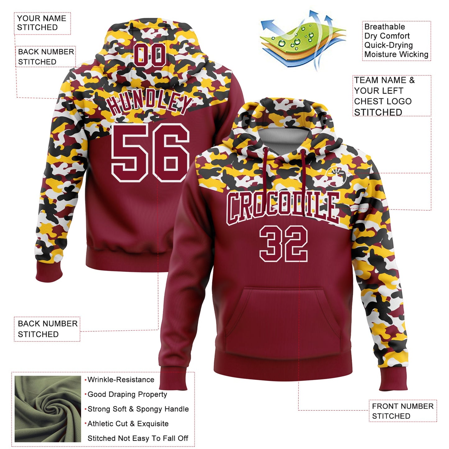 Custom Stitched Camo Crimson Black-Yellow 3D Sports Pullover Sweatshirt Salute To Service Hoodie view 2