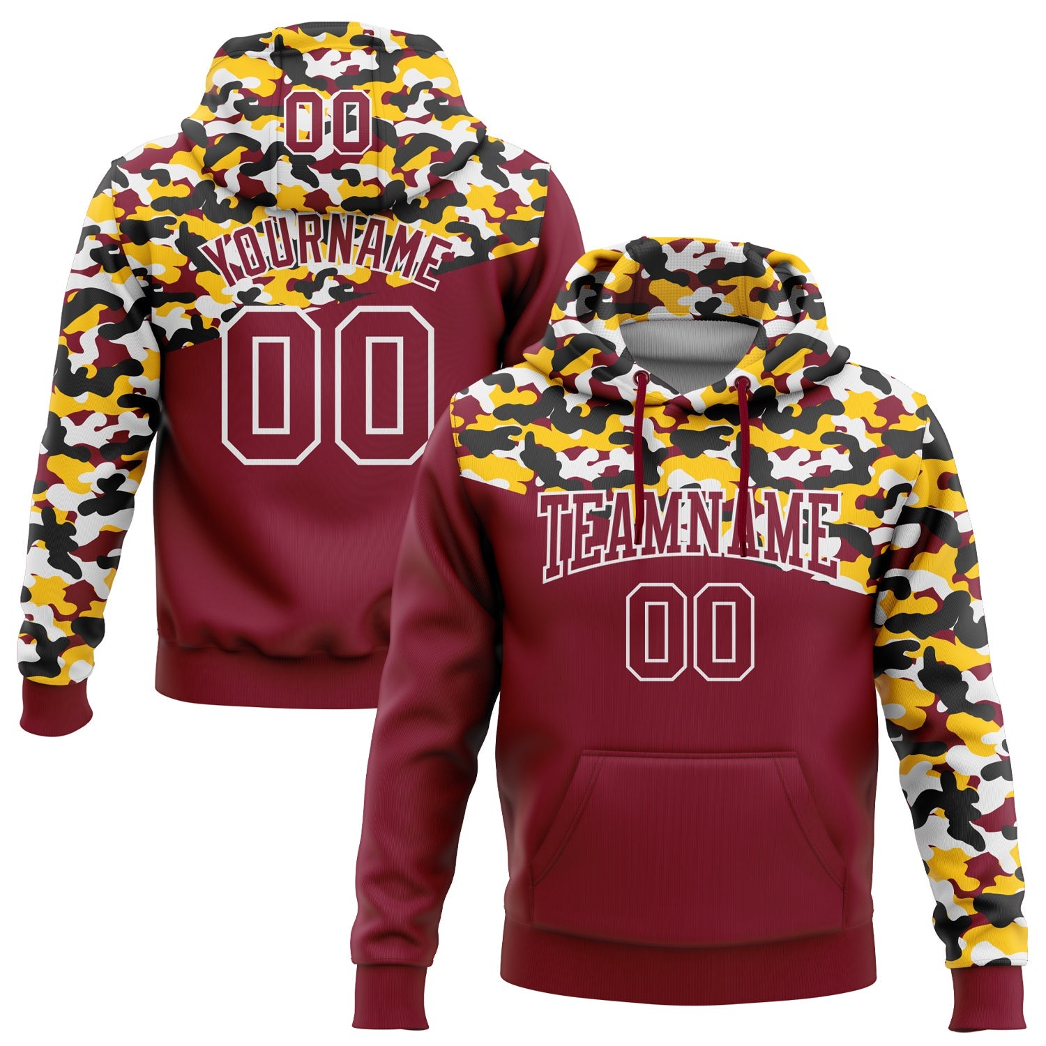 Custom Stitched Camo Crimson Black-Yellow 3D Sports Pullover Sweatshirt Salute To Service Hoodie - Main View