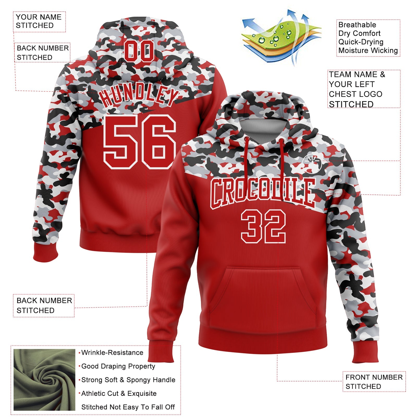 Custom Stitched Camo Red Black-Gray 3D Sports Pullover Sweatshirt Salute To Service Hoodie view 2