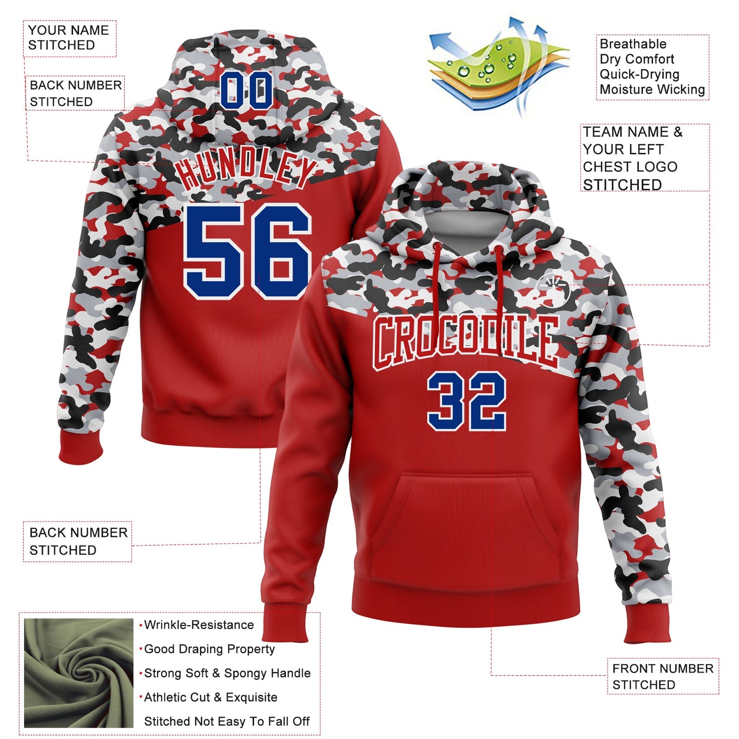 Custom Stitched Camo Royal Red Black-Gray 3D Sports Pullover Sweatshirt Salute To Service Hoodie view 2