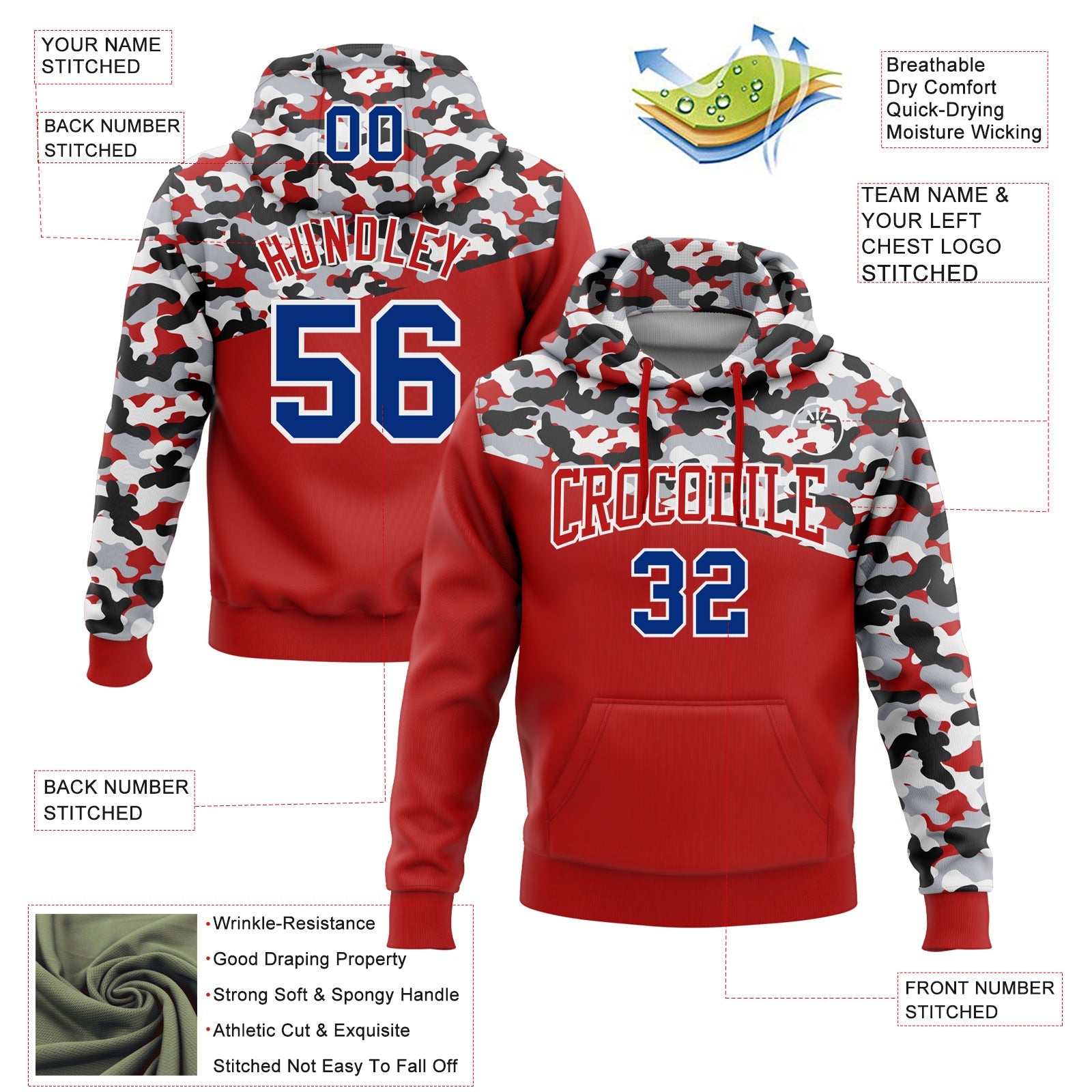 Custom Stitched Camo Royal Red Black-Gray 3D Sports Pullover Sweatshirt Salute To Service Hoodie view 2