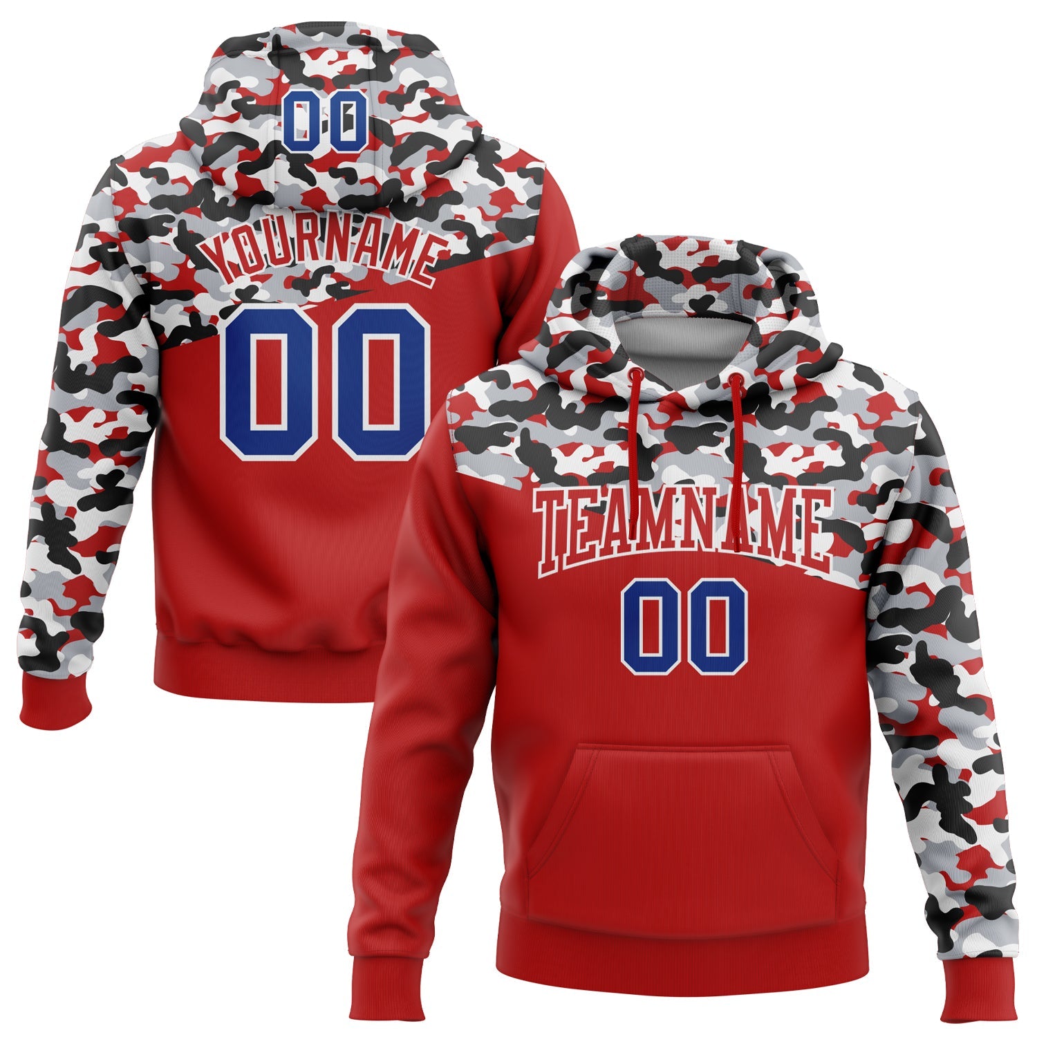 Custom Stitched Camo Royal Red Black-Gray 3D Sports Pullover Sweatshirt Salute To Service Hoodie - Main View