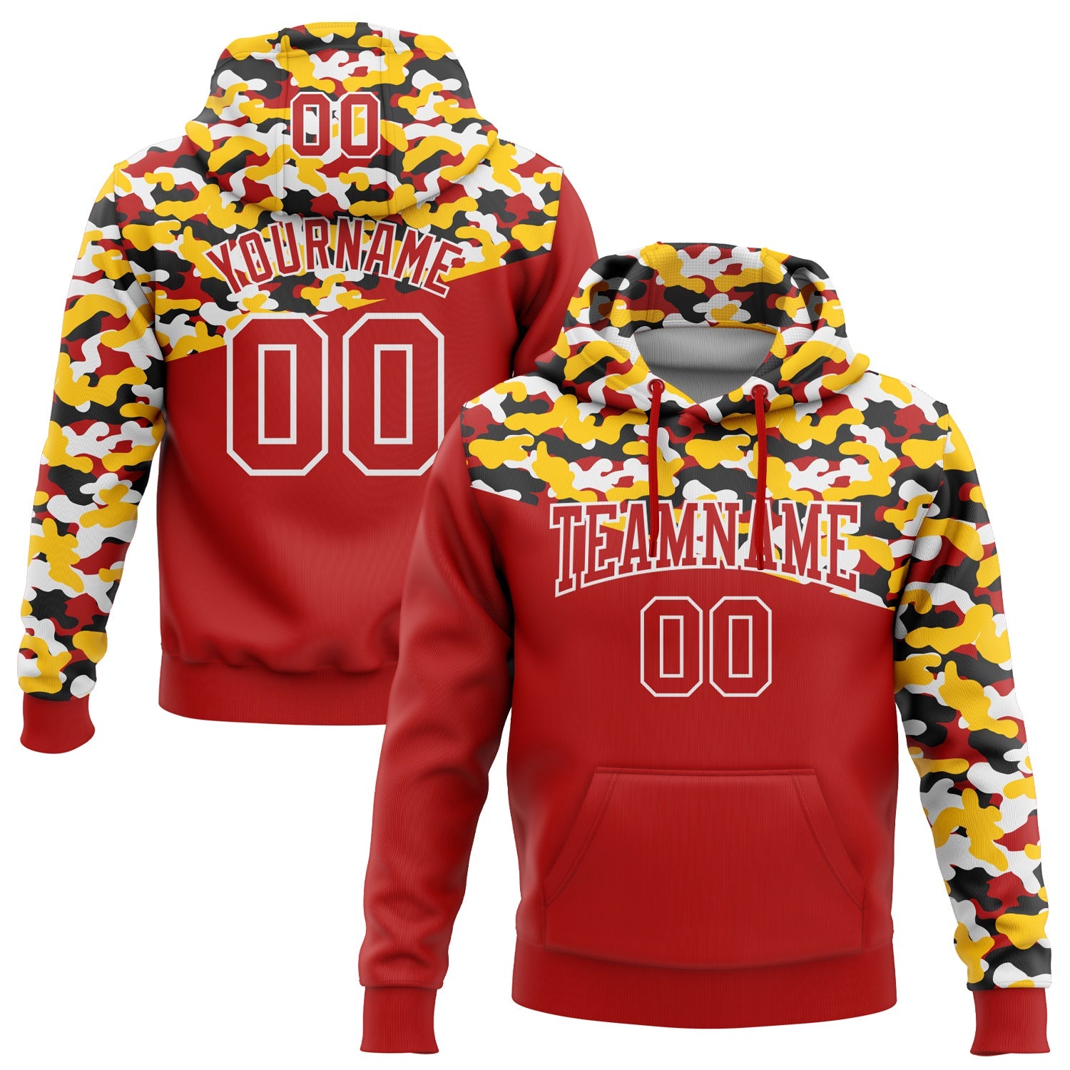 Custom Stitched Camo Red Yellow-Black 3D Sports Pullover Sweatshirt Salute To Service Hoodie - Main View