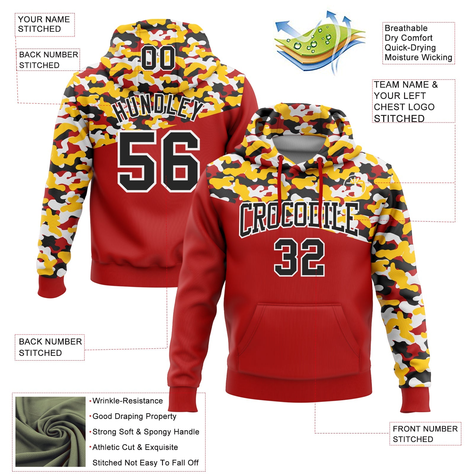 Custom Stitched Camo Black Red Yellow-Black 3D Sports Pullover Sweatshirt Salute To Service Hoodie view 2