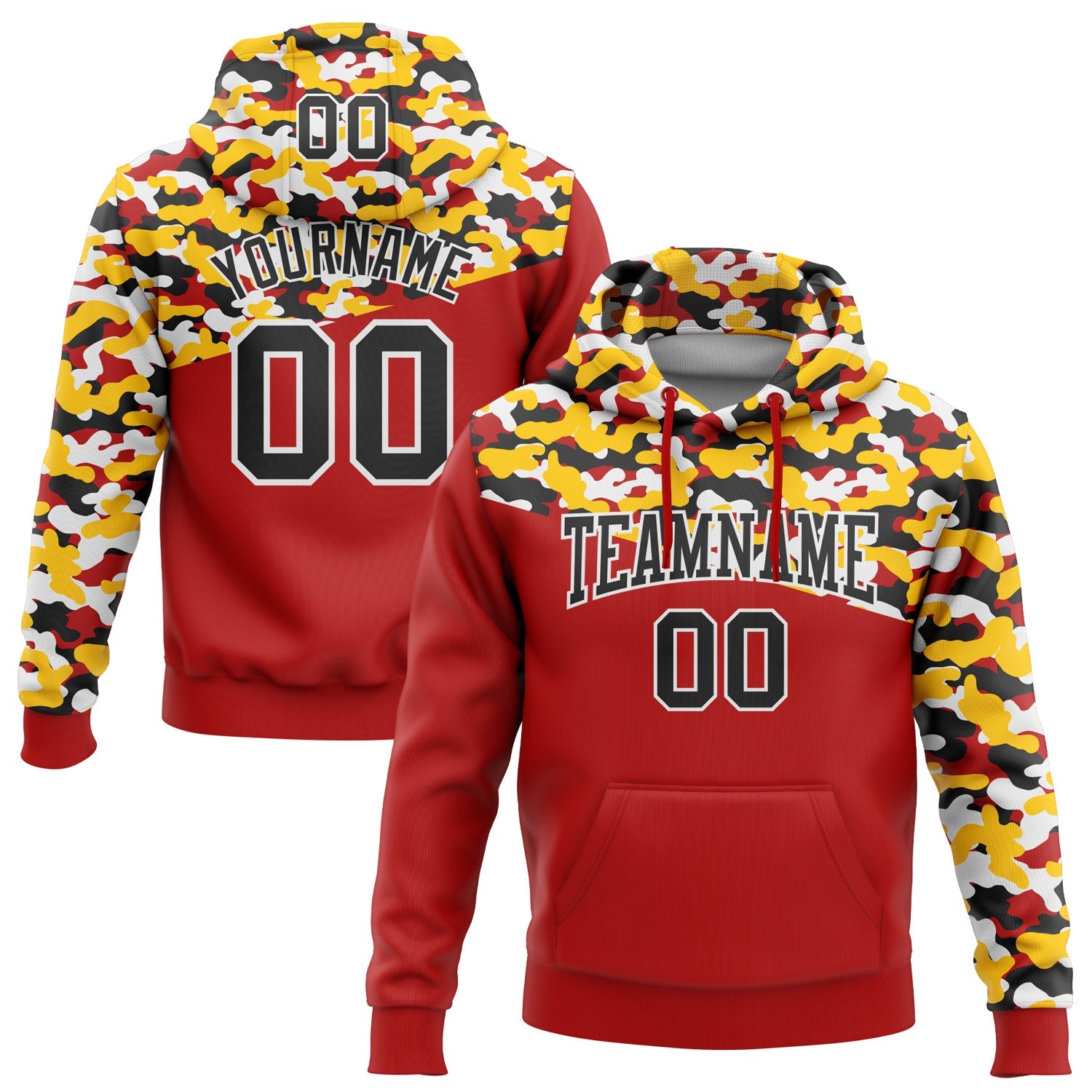 Custom Stitched Camo Black Red Yellow-Black 3D Sports Pullover Sweatshirt Salute To Service Hoodie - Main View