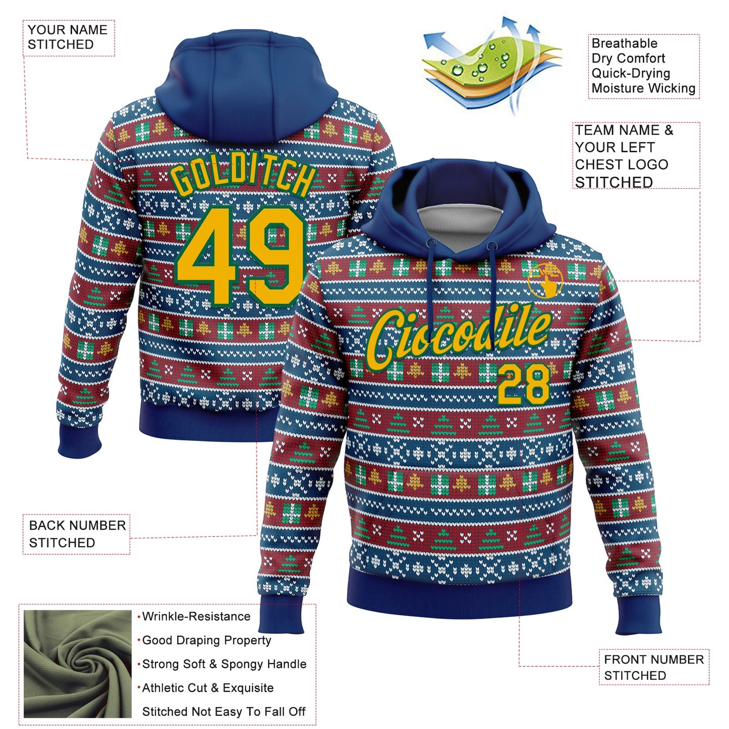Custom Stitched US Navy Blue Gold-Kelly Green Christmas 3D Sports Pullover Sweatshirt Hoodie view 2