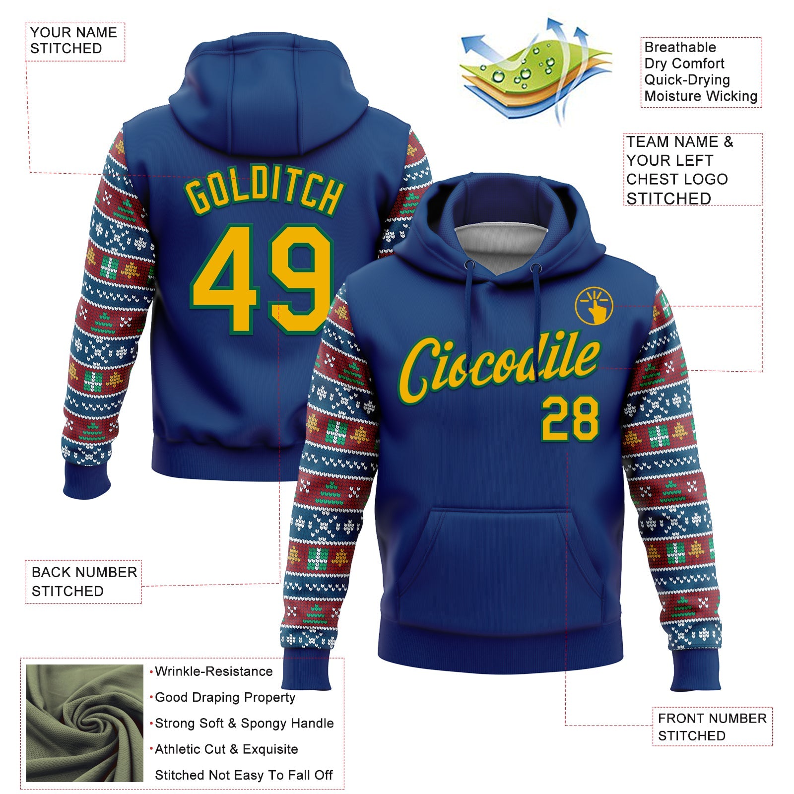 Custom Stitched US Navy Blue Gold-Kelly Green Christmas 3D Sports Pullover Sweatshirt Hoodie view 2