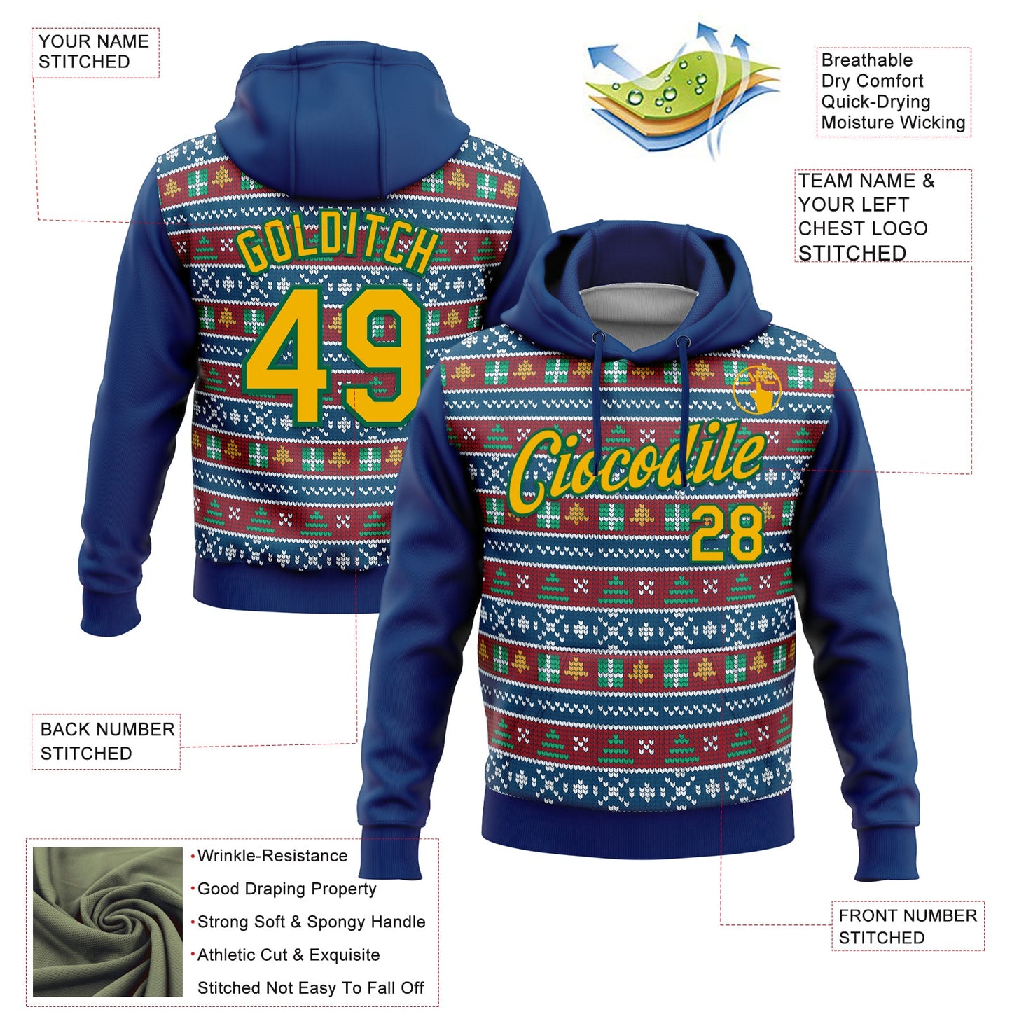 Custom Stitched US Navy Blue Gold-Kelly Green Christmas 3D Sports Pullover Sweatshirt Hoodie view 2