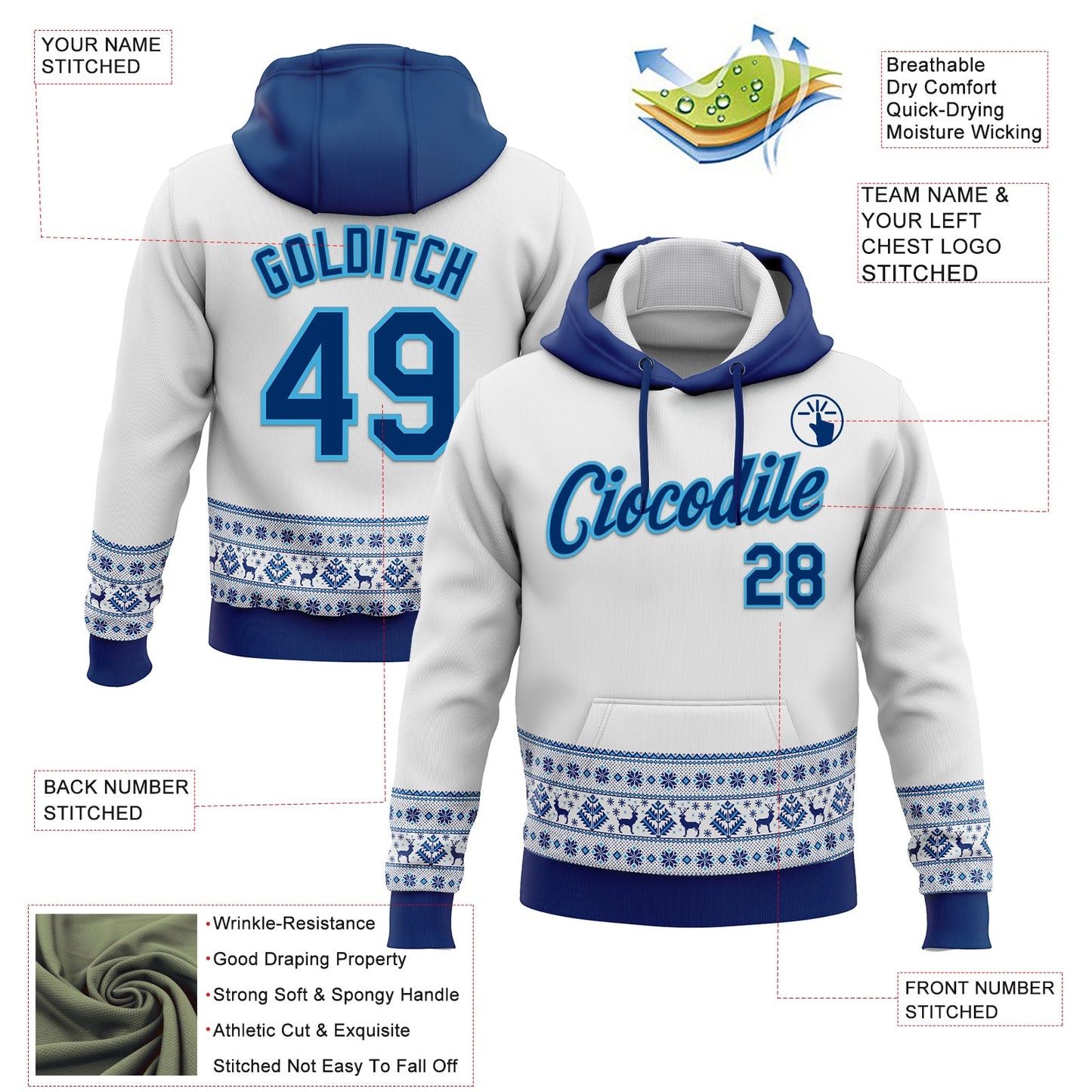 Custom Stitched White US Navy Blue-Sky Blue Christmas 3D Sports Pullover Sweatshirt Hoodie view 2