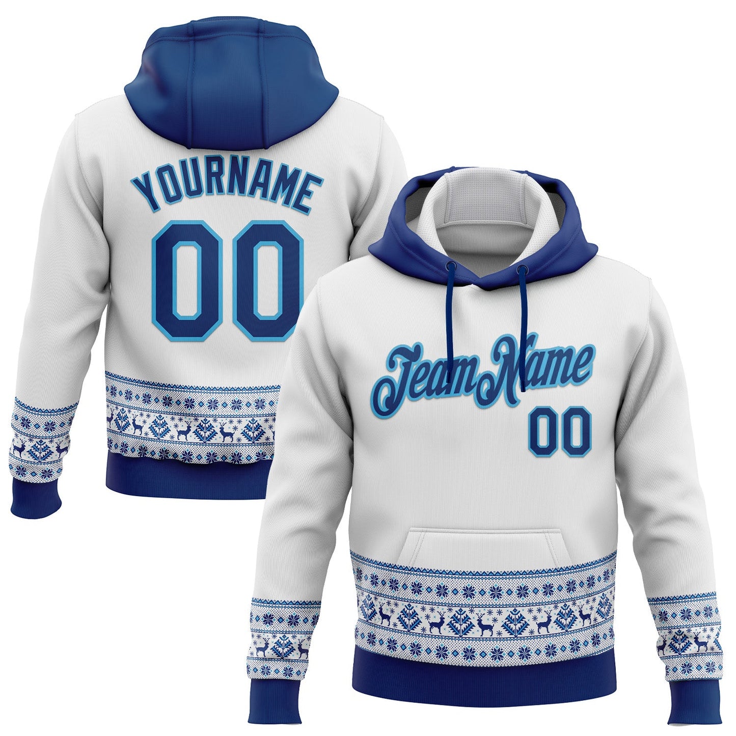 Custom Stitched White US Navy Blue-Sky Blue Christmas 3D Sports Pullover Sweatshirt Hoodie - Main View