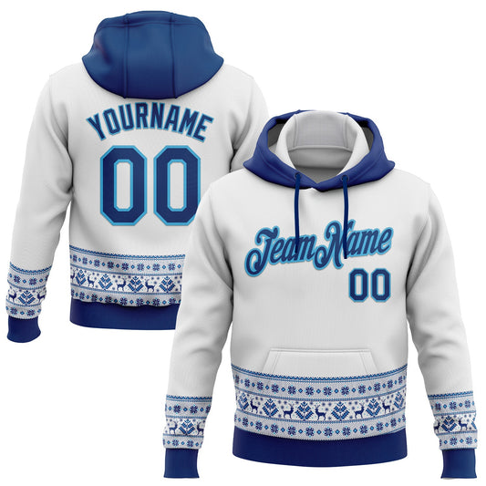 Custom Stitched White US Navy Blue-Sky Blue Christmas 3D Sports Pullover Sweatshirt Hoodie - Main View