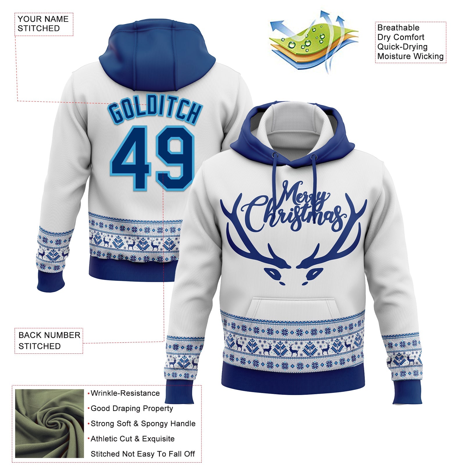 Custom Stitched White US Navy Blue-Sky Blue Christmas 3D Sports Pullover Sweatshirt Hoodie view 2