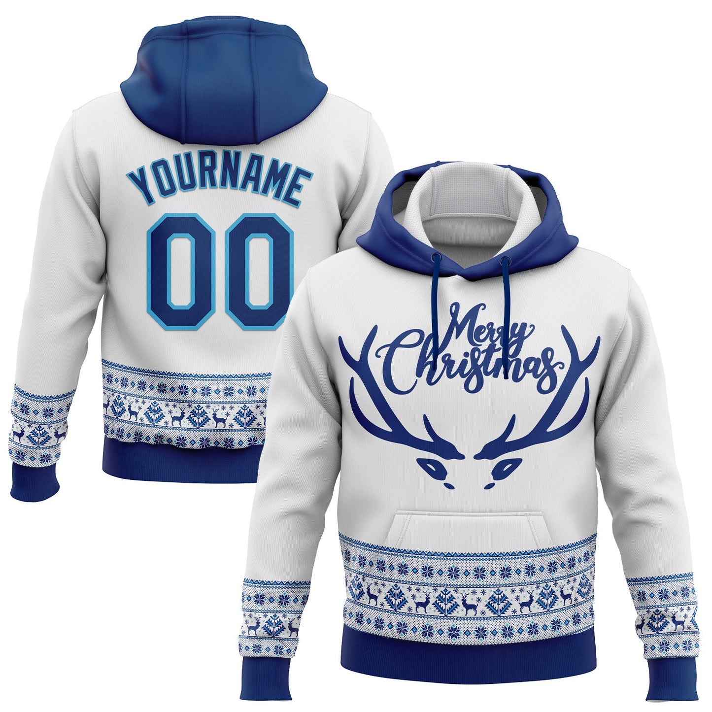 Custom Stitched White US Navy Blue-Sky Blue Christmas 3D Sports Pullover Sweatshirt Hoodie - Main View