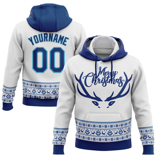 Custom Stitched White US Navy Blue-Sky Blue Christmas 3D Sports Pullover Sweatshirt Hoodie - Main View