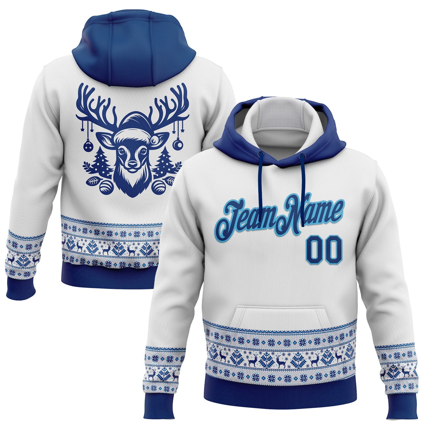 Custom Stitched White US Navy Blue-Sky Blue Christmas 3D Sports Pullover Sweatshirt Hoodie - Main View